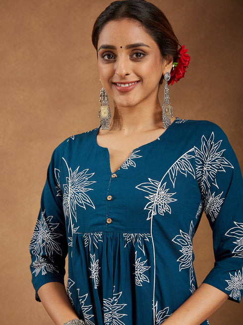 Janasya Women's Teal Blue Pure Cotton Floral Printed A-line Kurta Set